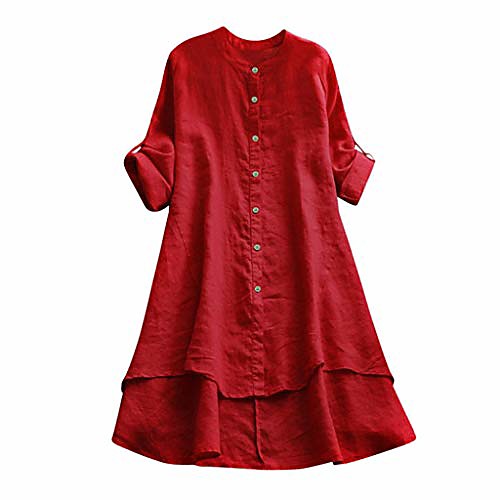 

Womens Linen Shirts Tops Loose Plus Size Long Sleeve Ladies Casual Thin Solid Color Button Pullover Blouse Tunic (Red,S)