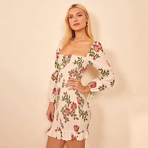 

Sheath / Column Floral Boho Holiday Party Wear Dress Scoop Neck Long Sleeve Short / Mini Spandex with Bow(s) Pattern / Print 2021