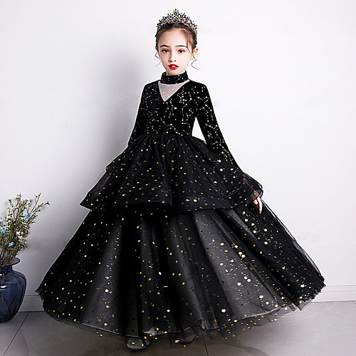 

Princess Floor Length Event / Party / Formal Evening Flower Girl Dresses - Tulle Long Sleeve High Neck with Tier / Solid / Splicing