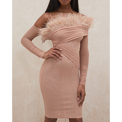 

Sheath / Column Minimalist Sexy Homecoming Cocktail Party Dress Spaghetti Strap Long Sleeve Short / Mini Spandex with Feather Ruched 2021