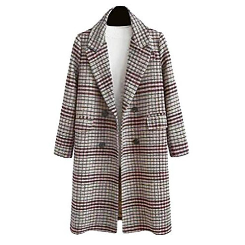 

Womens Lapel Double-Breasted Fall & Winter Plus Size Plaid Mid Long Wool Blend Trench Pea Coat Grey 2XL