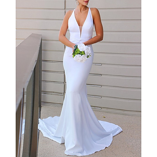 

Mermaid / Trumpet Wedding Dresses V Neck Sweep / Brush Train Italy Satin Sleeveless Country Simple Sexy with 2021