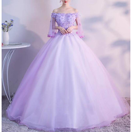 

Ball Gown Luxurious Floral Quinceanera Prom Dress Strapless 3/4 Length Sleeve Floor Length Tulle with Pleats Lace Insert 2021