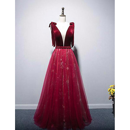 

A-Line Glittering Sexy Engagement Prom Dress V Neck Sleeveless Floor Length Tulle with Sash / Ribbon Pleats 2021