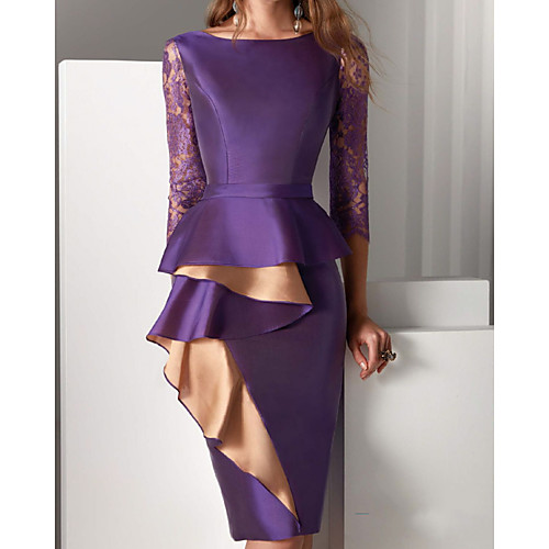 

Sheath / Column Mother of the Bride Dress Elegant Jewel Neck Knee Length Lace Satin Long Sleeve with Ruffles 2021