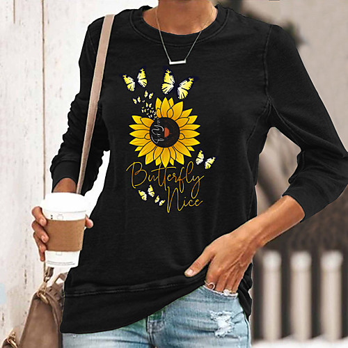 

Women's T shirt Graphic Butterfly Floral Long Sleeve Print Round Neck Tops Basic Basic Top Black Blue Green