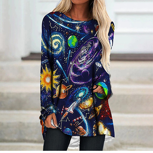 

Women's T Shirt Dress Tee Dress Short Mini Dress Blue Long Sleeve Print Color Block Geometric Print Fall Spring Round Neck 3D Print Casual 3D Print S M L XL XXL 3XL