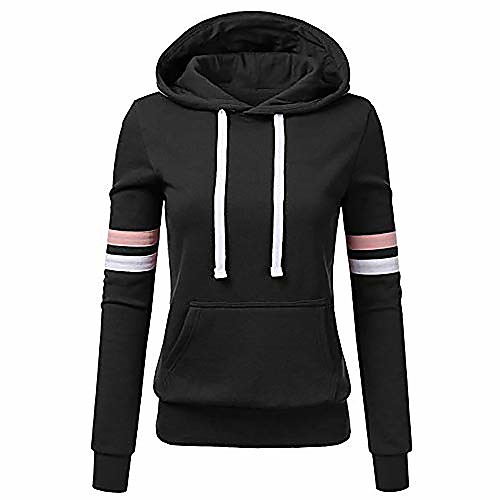 

Women Ladies Stripe Sweatshirt London Blouse Hooded Pocket Pullover Tops Shirt Slim Jumpers Running New (Black, L)