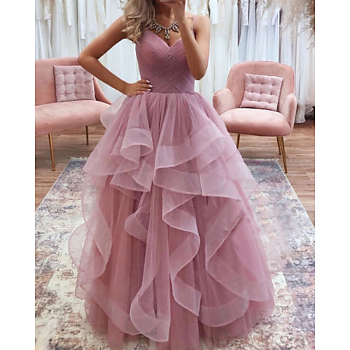 

A-Line Wedding Dresses V Neck Floor Length Tulle Sleeveless Country Romantic with Cascading Ruffles 2021