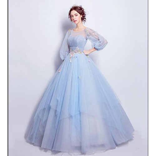 

Ball Gown Elegant Floral Quinceanera Engagement Dress Illusion Neck 3/4 Length Sleeve Floor Length Tulle with Pleats Appliques 2021