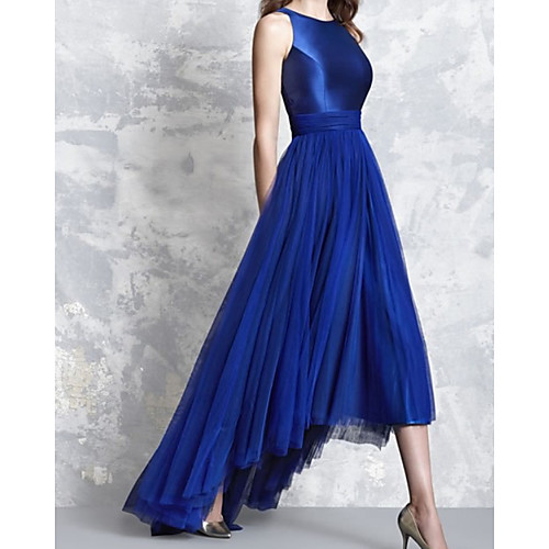 

A-Line Minimalist Elegant Wedding Guest Formal Evening Dress Jewel Neck Sleeveless Asymmetrical Satin Tulle with Pleats 2021