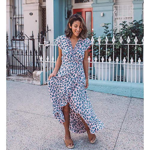 

Women's A Line Dress Maxi long Dress Blue Short Sleeve Leopard Patchwork Plus High Low Print Summer V Neck Elegant Casual 2021 S M L XL