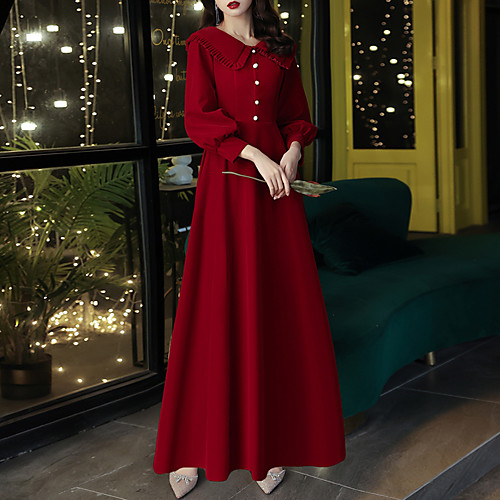 

A-Line Minimalist Elegant Party Wear Prom Dress Shirt Collar 3/4 Length Sleeve Floor Length Stretch Fabric with Buttons 2021