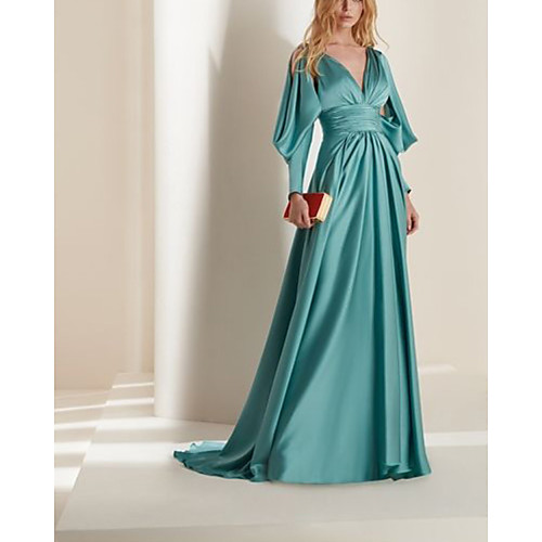 

A-Line Beautiful Back Sexy Engagement Formal Evening Dress V Neck Long Sleeve Court Train Charmeuse with Pleats 2021