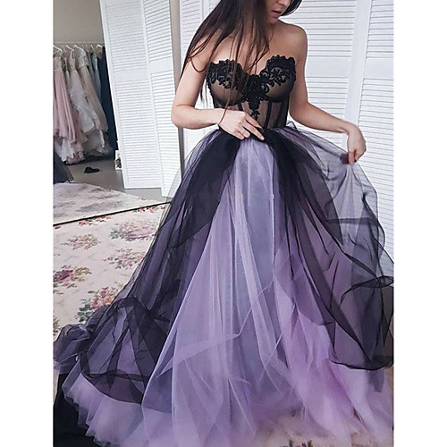

A-Line Color Block Sexy Engagement Formal Evening Dress Sweetheart Neckline Sleeveless Chapel Train Lace Tulle with Tier Appliques 2021