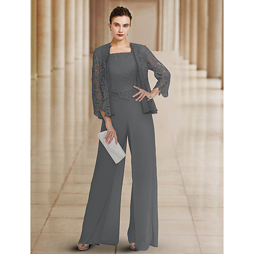 

Pantsuit / Jumpsuit Mother of the Bride Dress Elegant Bateau Neck Ankle Length Chiffon Lace Sleeveless with Appliques 2021