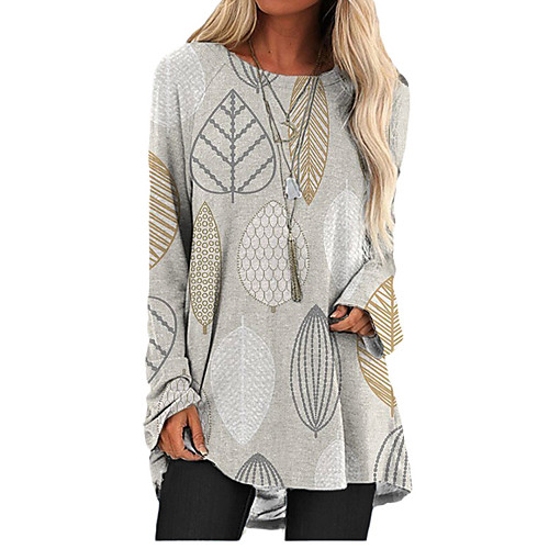 

Women's T Shirt Dress Tee Dress Short Mini Dress Gray Long Sleeve Print Geometric Print Fall Spring Round Neck Casual 2021 S M L XL XXL 3XL