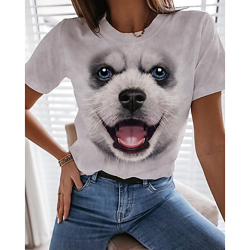 

Women's T shirt Dog Graphic 3D Print Round Neck Tops Basic Basic Top White