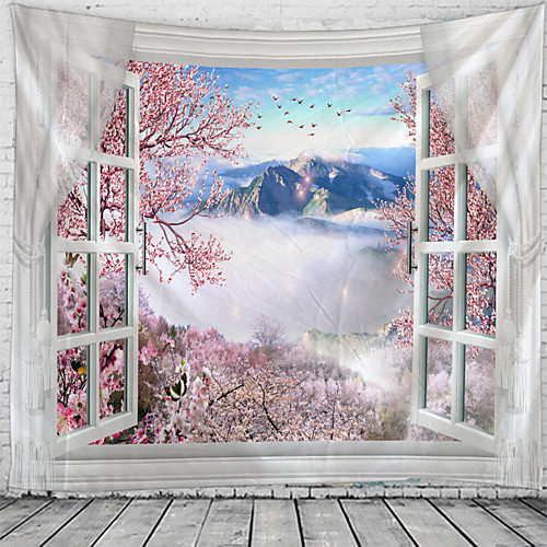 

Window Landscape Wall Tapestry Art Decor Blanket Curtain Hanging Home Bedroom Living Room Decoration Tree Blossom Flower Mountain