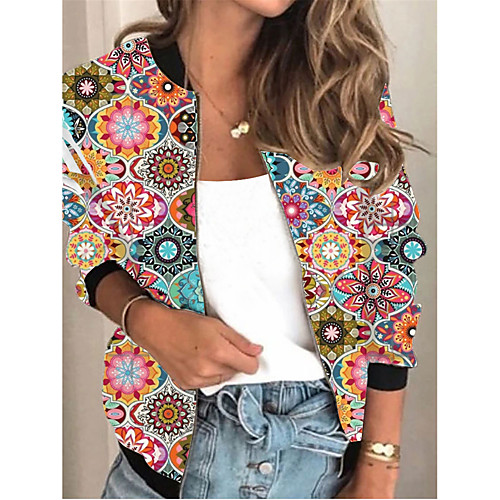 

Women's Print Patchwork Active Spring & Fall Jacket Regular Daily Long Sleeve Air Layer Fabric Coat Tops Red