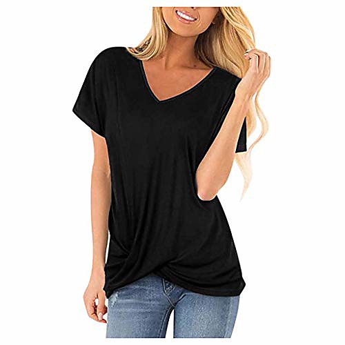 

Women's Comfy Basic T Shirts Casual Twist Knot Tunics V Neck Summer Short Sleeve Solid Color Knotted Tops Black