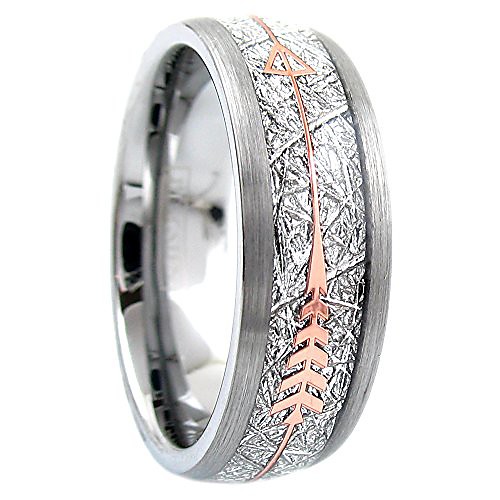 

stunning 6mm/8mm silver tungsten wedding band w/imitation meteorite & rose gold arrow. (tungsten (6mm), 5)