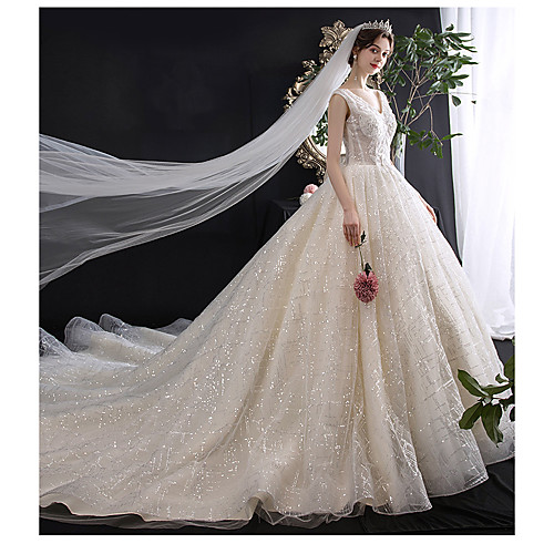

Princess Ball Gown Wedding Dresses V Neck Chapel Train Lace Tulle Sequined Sleeveless Formal Romantic Luxurious Sparkle & Shine with Sequin Appliques 2021