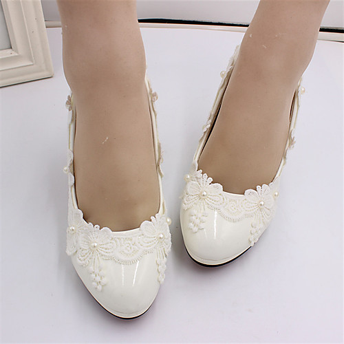 

Women's Wedding Shoes Stiletto Heel Round Toe Wedding Pumps Sweet Wedding PU Flower Solid Colored Picture model [8 cm heel height]