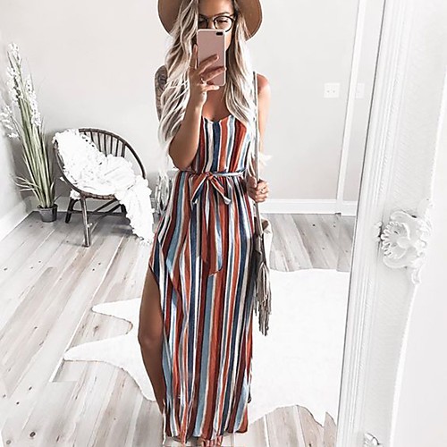 

Women's Chiffon Dress Maxi long Dress Rainbow Sleeveless Striped Summer Mumu Boho vacation dresses 2021 S M L XL XXL