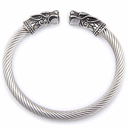 

Nordic Fenrir Wolf Heads Odin Raven Dragon Serpent Stainless Steel Bracelet Strong Pagan Jewelry Protection for Men Women (Wolf Heads 1)