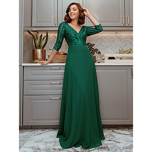 

Women's Chiffon Dress Maxi long Dress White Wine Green Navy Blue 3/4 Length Sleeve Solid Color Sequins Fall Spring Elegant Formal 2021 S M L XL XXL 3XL 4XL 5XL 6XL 7XL