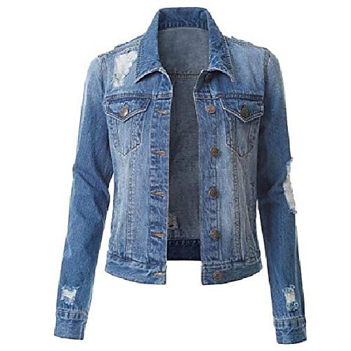 

Women Pockets Buttons Stylish Hole Ripped Distressed Jeans Denim Jacket Blue XS
