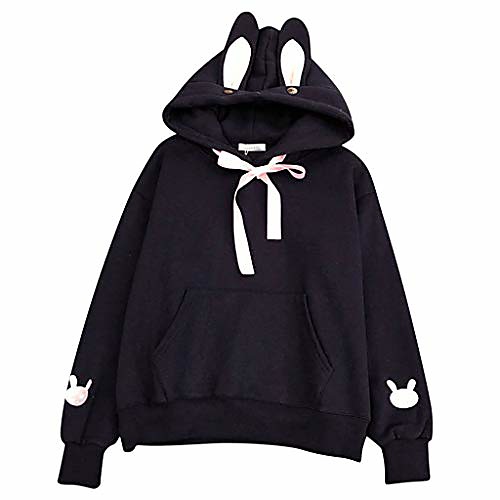 

Women Rabbit Ears Top Hoodie Long Sleeve Blouse Loose Sweatshirt Pockets Pullover Tee Tops Black