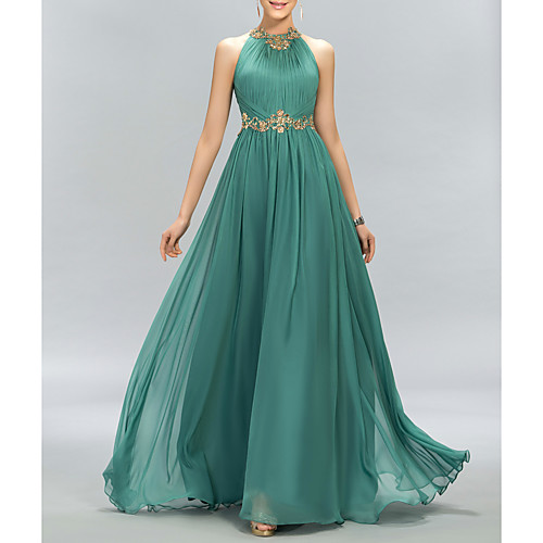 

A-Line Minimalist Sparkle Wedding Guest Formal Evening Dress Halter Neck Sleeveless Floor Length Chiffon with Pleats Crystals 2021