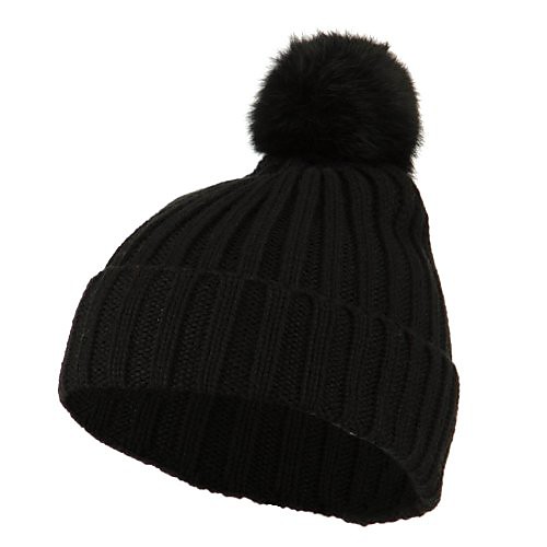 

Knit Cuff Beanie with Rabbit Pom - Black OSFM