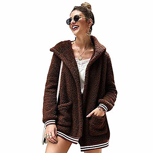 

Women's Hooded Coats Fleece Fuzzy Jackets,Winter Casual Sherpa Shearling Loose Warm Jacket Outwear with Pockets (Brown,Large)