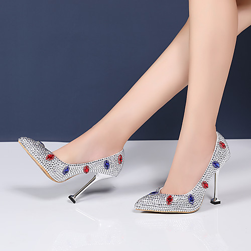 

Women's Wedding Shoes Kitten Heel Pointed Toe Wedding Pumps Vintage Sexy Minimalism Wedding Party & Evening PU Rhinestone Crystal Sparkling Glitter Solid Colored Color Block Silver