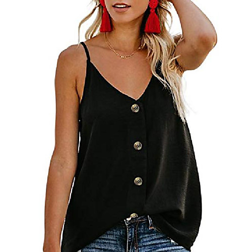 

Women's Summer Casual Sleeveless Button Down V Neck Loose Fit Strappy Tank Tops Black