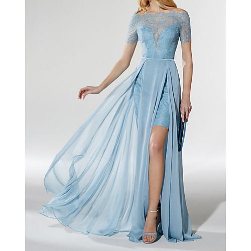 

Sheath / Column Beautiful Back Elegant Engagement Formal Evening Dress Illusion Neck Short Sleeve Detachable Lace with Overskirt 2021