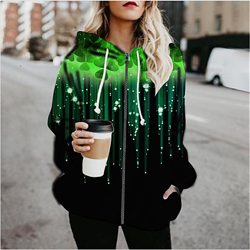 

Women's Plants Print Active Spring & Fall Hoodied Jacket Regular Daily Long Sleeve Air Layer Fabric Coat Tops Green