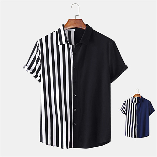 

Men's Shirt non-printing Striped Button-Down Short Sleeve Daily Tops Casual Hawaiian Black Blue