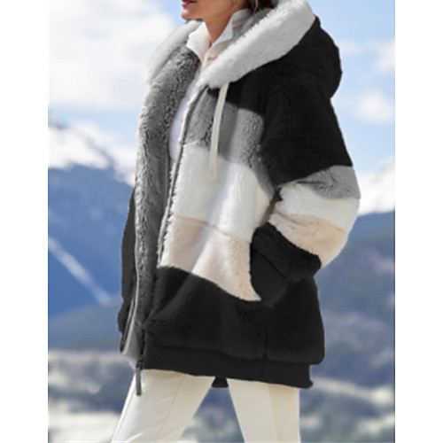 

Women's Color Block Patchwork Streetwear Fall & Winter Teddy Coat Regular Going out Long Sleeve Faux Fur Coat Tops Big red