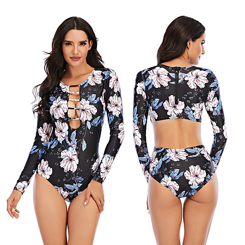 

Women's One Piece Swimsuit Rash Guard Elastane Swimwear Breathable Quick Dry Long Sleeve Swimming Surfing Water Sports Painting Autumn / Fall Spring Summer
