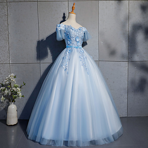 

Ball Gown Luxurious Floral Quinceanera Prom Dress V Neck Short Sleeve Floor Length Tulle with Sash / Ribbon Appliques 2021