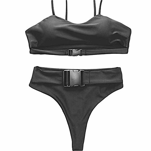 

womens sexy scoop neck straps neckline high cut thong 2 pieces bikini sets swimsuit (color: black, size: l)
