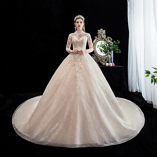 

Princess Ball Gown Wedding Dresses High Neck Court Train Lace Tulle Long Sleeve Formal Luxurious Sparkle & Shine with Appliques 2021