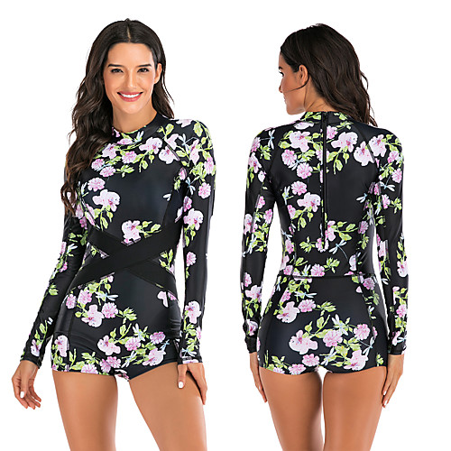 

Women's One Piece Swimsuit Rash Guard Elastane Swimwear Breathable Quick Dry Long Sleeve Back Zip - Swimming Surfing Water Sports Painting Autumn / Fall Spring Summer