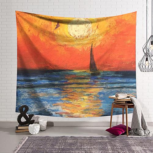 

Impressionist Oil Painting Style Wall Tapestry Art Decor Blanket Curtain Hanging Home Bedroom Living Room Decoration Polyester Landscape Sea Ocean Boat Sunset