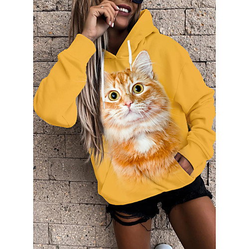 

Women's Pullover Hoodie Sweatshirt Cat Graphic 3D Front Pocket Print Daily 3D Print Basic Casual Hoodies Sweatshirts Yellow