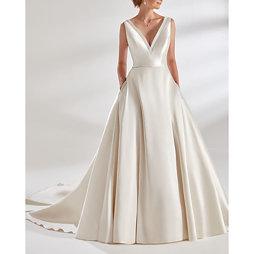 

A-Line Wedding Dresses V Neck Sweep / Brush Train Satin Sleeveless Country Simple with Pleats 2021